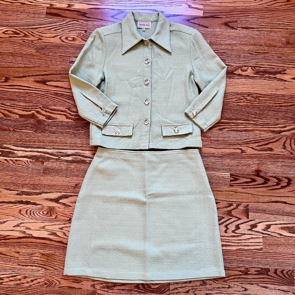 Vintage 80/90s California Krush Skirt Suit Set Green Fitted 3/4 Sleeve Sz  M
